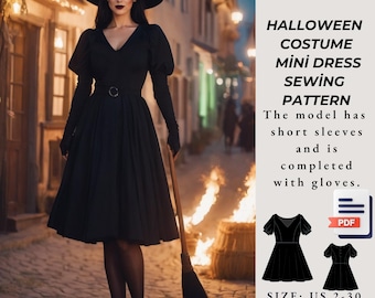 Halloween Dress Pattern, Gothic Witch Costume Dress Pattern,Fantasy Dress, V Neck Mini Dress Pattern A4 US LETTER/ A0 FORMAT