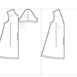 May include: A black and white sewing pattern for a sleeveless dress. The pattern includes instructions and measurements for the front and back pieces.