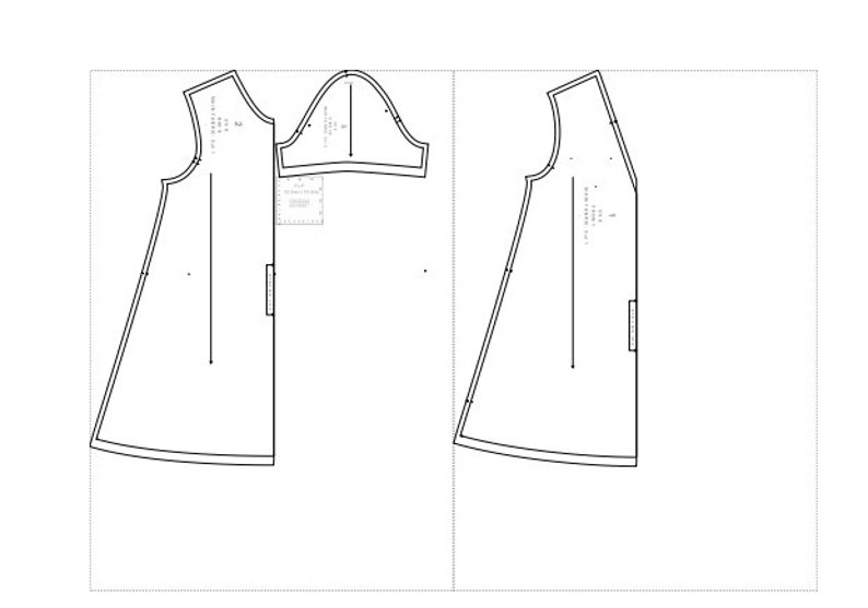 May include: A black and white sewing pattern for a sleeveless dress. The pattern includes instructions and measurements for the front and back pieces.