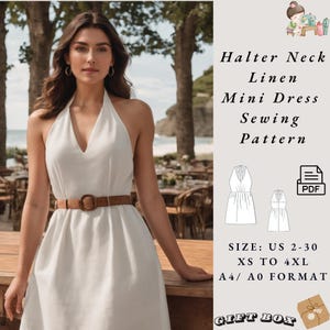 Patrón de vestido con cuello halter, vestido de lino de verano para mujer, patrón de costura en PDF, talla de mujer 2 a 30, formato A4, carta estadounidense, A0