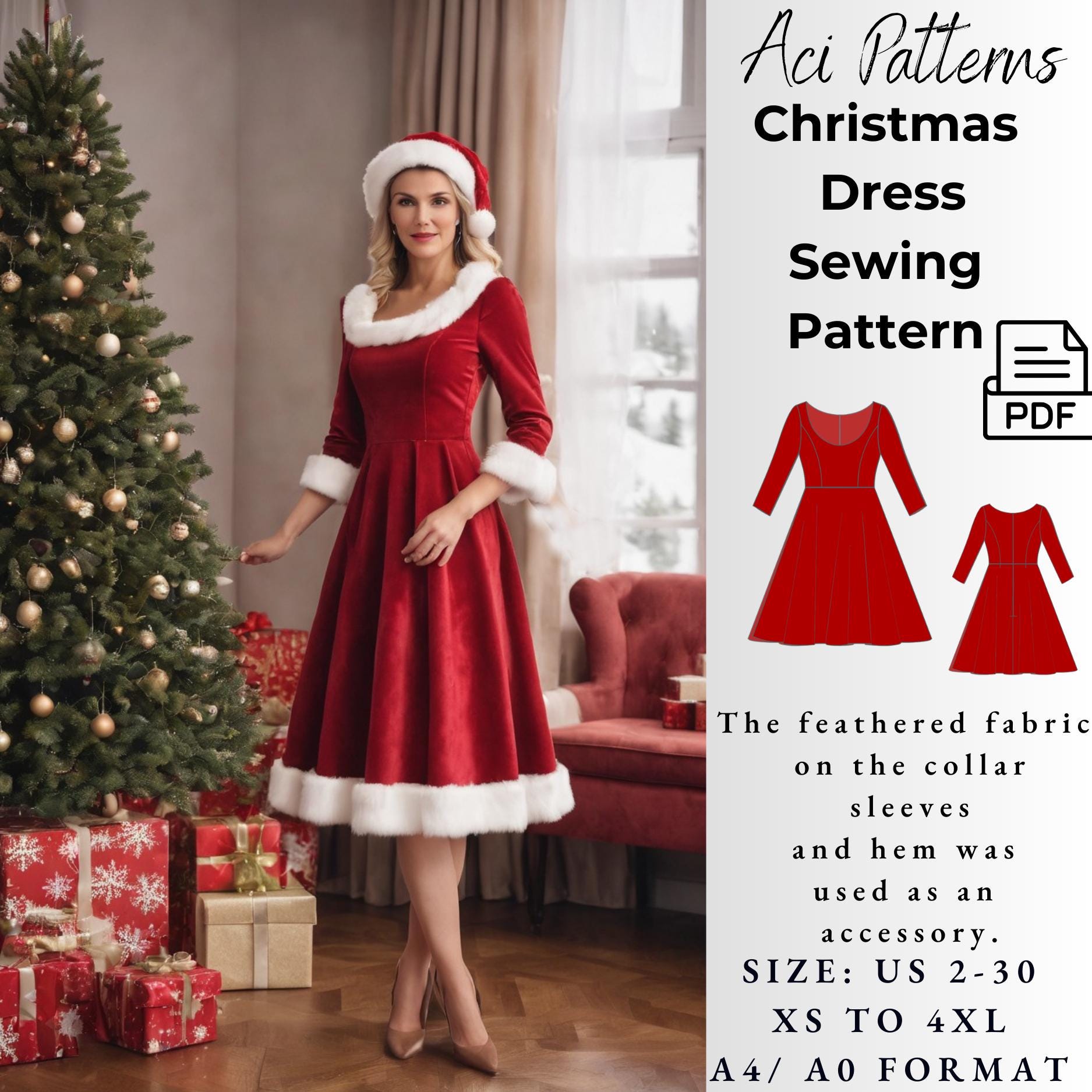 Christmas Dress, Mrs. Claus Dress Sewing Pattern, Round Neck Dress PDF Sewing Pattern, Woman Sewing Pattern, Dıy Christmas Dress, Size 2to30