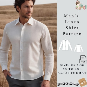Men&#39;s Linen Shirt Pattern, Shirt Pattern for Men, Button Up Shirt Pattern, Mens Sewing Pattern, Men Size 36 to 56, S to 4 XL A4 A0