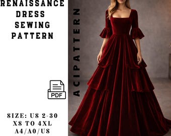 Puede incluir: Un vestido renacentista burdeos con escote cuadrado y falda escalonada. El vestido presenta mangas acampanadas y es un patrón de costura. El texto en la imagen dice "3 Tiers Renaissance Dress Sewing Pattern" y "Size: US 2-30 XS to 4XL A4/A0/US Letter Format".
