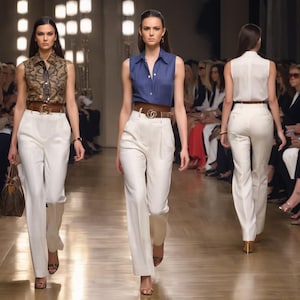 May include: Two women wearing white pants and sleeveless tops with belts. The woman on the left is wearing a brown and black patterned top, while the woman on the right is wearing a blue top. Both women are wearing gold belts with a large buckle.
