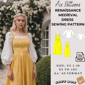 Könnte beinhalten: Ein gelbes Renaissance-Mittelalter-Kleid-Schnittmuster von Aci Patterns. Das Bild zeigt eine Frau, die ein gelbes Kleid mit weißen Ärmeln trägt. Das Schnittmuster umfasst die Größen US 2-30, XS bis 4XL und ist im A4/A0-Format erhältlich. Das Schnittmuster ist ein PDF und wird in einer Geschenkbox geliefert.