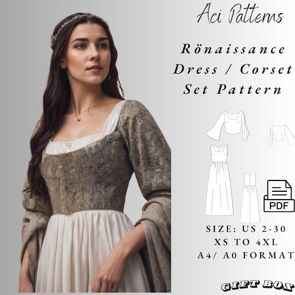 Renaissance Medieval Cosplay Dress,sewing pattern Ladies size 2 to 30-A4-US LETTER-A0 Format