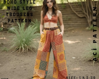 Boho Style Wide Leg Pants -Ethnic Vintage Pattern-Comfortable and Stylish Handmade Design-Women's Boho Wide Leg Pants Sewing Pattern 2 to 30