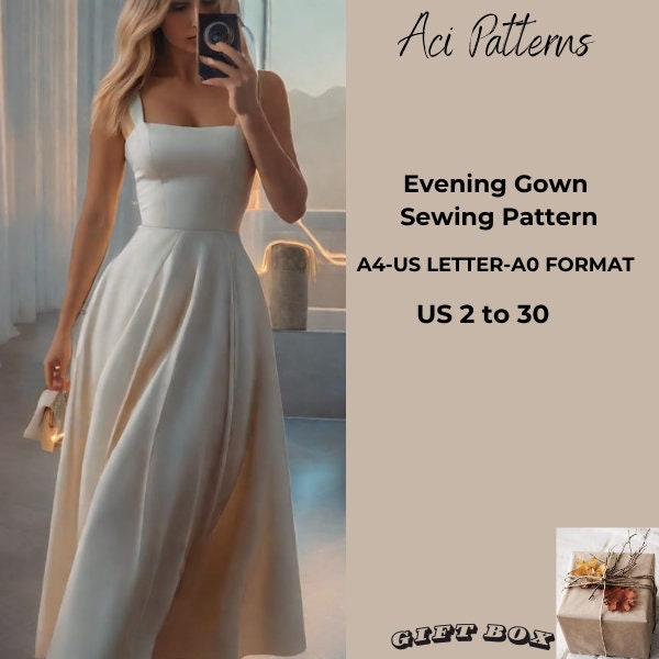 Evening Gown Sewing pattern, Ladies size 2 to 30-A4-US LETTER-A0 Format