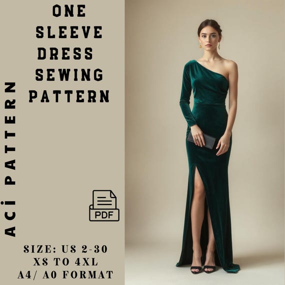 asymmetric neckline dress pattern One-sleeve Long Evening Dress Sewing Pattern-asymmetrical Neckline -slim-fit Long Evening Dress - Formal Cocktail Dress - Prom Dress A4 / A0