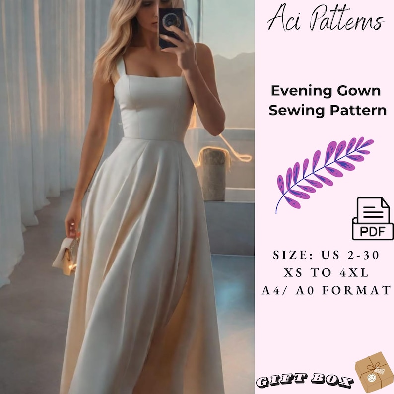 May include: A white evening gown sewing pattern in A4/A0 format. The pattern is for sizes US 2-30, XS to 4XL. The pattern is available as a PDF download. The image shows a model wearing a white gown.