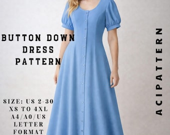 Kleid mit Knopfleiste, Schnittmuster,Cottagecore Kleid, Abendkleid, Kleid mit Puffärmeln, Ausgestelltes Kleid, PDF 2 bis 30 A4 /A0 US Letter