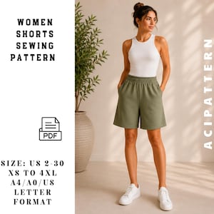 Women's Elastic Waist Shorts Sewing Pattern PDF | Bermuda Shorts Pattern | Knit Shorts with Pockets | XS-4XL | Sizes 2-30 | Instant Download