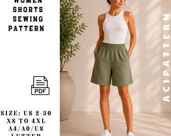 Women's Elastic Waist Shorts Sewing Pattern PDF | Bermuda Shorts Pattern | Knit Shorts with Pockets | XS-4XL | Sizes 2-30 | Instant Download