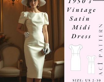 Chique midi-jurk in vintagestijl naaipatroon - baljurkjurkpatroon - boothalsjurk - klassieke strakke jurk met pofmouwen - tijdloze elegantie