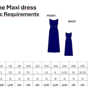 May include: A-line maxi dress fabric requirements chart with size conversions for US, International, and European sizes. The chart shows the amount of fabric needed in meters for each size.