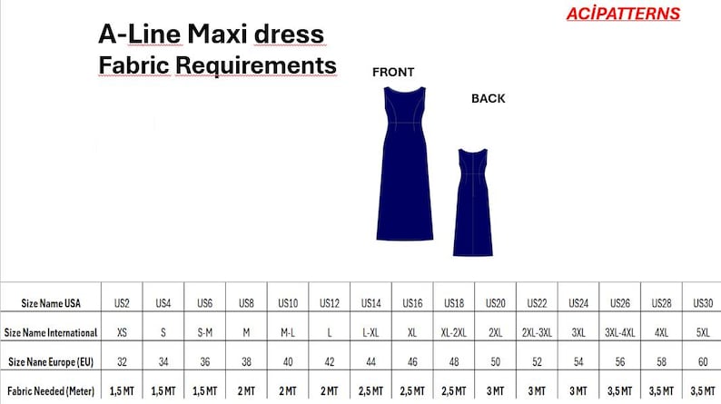 May include: A-line maxi dress fabric requirements chart with size conversions for US, International, and European sizes. The chart shows the amount of fabric needed in meters for each size.