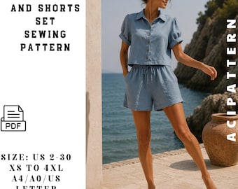 May include: A light blue linen shirt and shorts set sewing pattern. The pattern includes sizes US 2-30, XS to 4XL, and is available in A4/A0/US letter format. The PDF pattern is shown with a matching outfit.