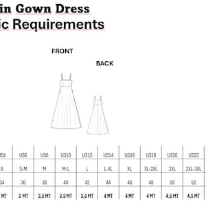 May include: Chart showing fabric requirements for an evening gown dress in various sizes. The chart lists US sizes, international sizes, European sizes, and the amount of fabric needed in meters.