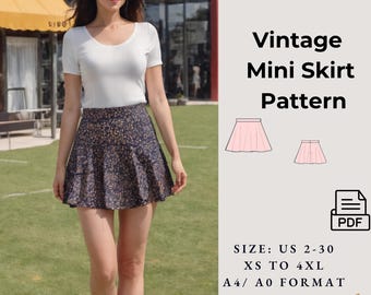 May include: A woman wearing a white scoop-neck t-shirt and a navy blue floral print mini skirt. The image includes text that reads "Aci Patterns Vintage Mini Skirt Pattern" and size information for US sizes 2-30 and XS to 4XL.