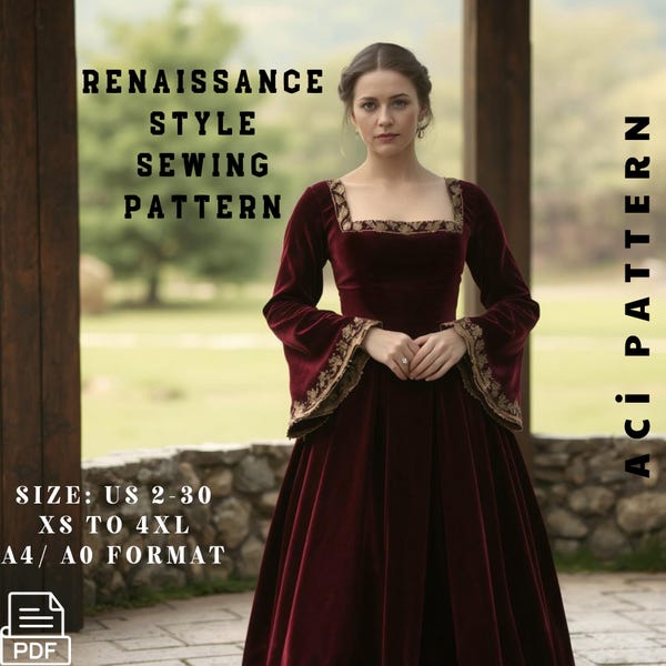 Renaissance Style Square Neck Dress Pattern-Bell Sleeve Dress Pattern, Full Circle Maxi Dress Sewing Pattern Size 2 to 30-A4-A0 Format