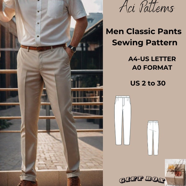 Patron de couture de pantalons classiques pour hommes, PDF pour pantalons, patron de couture pour hommes, tableau des tailles 36 à 56-A4-US LETTER-A0 Format