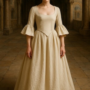 May include: A full-length portrait of a person wearing a cream-colored dress. The dress features a square neckline, fitted bodice, and flared skirt. The sleeves are elbow-length with flared cuffs. The person is standing in a stone hallway.