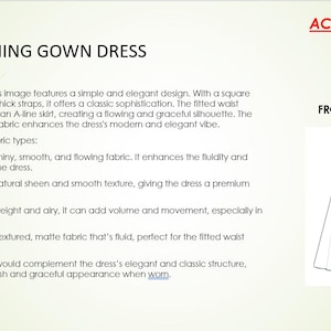 May include: Line drawing of a simple evening gown dress with a square neckline and thick straps. The dress has a fitted waist and an A-line skirt. The drawing shows the front and back views of the dress. The text "Evening Gown Dress" is at the top of the image. The text "ACIPatterns" is at the top right of the image. The text "Front" is above the front view of the dress. The text "Back" is above the back view of the dress.