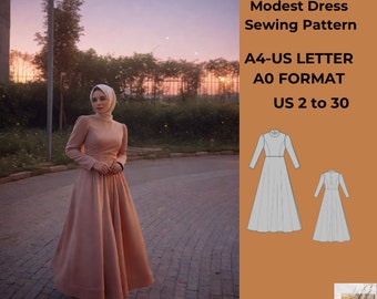 Modest Maxi Dress Bishop Long Sleeve Pattern,Medieval Dress,Abaya Dress,Ankle dress,Evening Gown,US Sizes 2-30, Plus Size Pattern