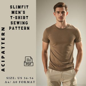 Patron de couture de t-shirt basique coupe slim pour homme, Patron de t-shirt pour homme, Patron de couture de t-shirt, Patron facile à faire soi-même 36 à 56-A4-US -A0