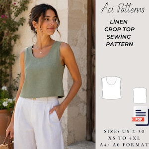 Mönster för damklänning i linne med crop top, linneblus, bustiertopp, mini cami-crop top, blus med axelband, linneskjorta (PDF A4/A0)