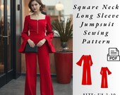 Square Neck Long Bell Sleeve Palazzo Jumpsuit Pattern, Formal Jumpsuit Sewing Pattern,Dungaree Pattern,Womens Jumpsuit Pattern, Size 2 To 30