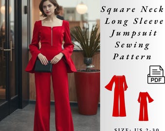 Square Neck Long Bell Sleeve Palazzo Jumpsuit Pattern, Formal Jumpsuit Sewing Pattern,Dungaree Pattern,Womens Jumpsuit Pattern, Size 2 To 30