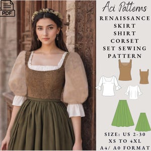 Renaissance Medieval Skirt, Shirt and Corset Set Pattern, Fairy, Regency, Elf dress, Maxi Skirt, Elegant Dress, Victorian Dress Set 2 to 30