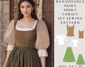 Renaissance Medieval Skirt, Shirt and Corset Set Pattern, Fairy, Regency, Elf dress, Maxi Skirt, Elegant Dress, Victorian Dress Set 2 to 30