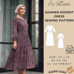 Modest Summer Maxi Dress Bishop long sleeve pattern|Renaissance,Medieval dress|Ankle dress,sewing pattern,US Sizes 2-30, Plus Size Pattern