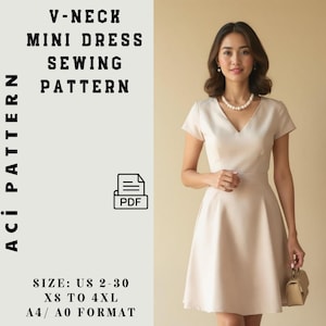 V Neck Mini Dress -V Neck Sewing Dress Pattern- Easy Sewing PDF Pattern- Circle Skirt, Short Sleeve- Back Zipper 2 To 30