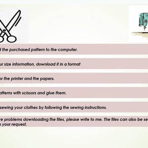 May include: A list of instructions for downloading and using a sewing pattern. The instructions include downloading the pattern to a computer, selecting the correct size, printing the pattern, cutting out the pattern pieces, and sewing the garment. The image also includes a cartoon illustration of a sewing machine.