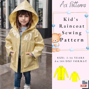 May include: A yellow raincoat with a hood for children. The raincoat has a zip fastening and two pockets. The sewing pattern is available in sizes 2-16 years and in A4/A0/DXF format. The text "Aci Patterns" and "Kid's Raincoat Sewing Pattern" is visible on the image. The text "PDF" is also visible on the image.