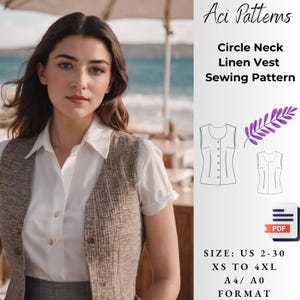 Leinen Weste,Weste Schnittmuster,Vintage-Stil,Weste,kreisförmiger Ausschnitt,Damen größe 2 bis 30-A4-US LETTER-A0 Format