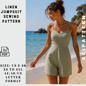 Puede incluir: Un patrón de costura de mono de lino verde claro. La imagen incluye el texto "LINEN JUMPSUIT SEWING PATTERN" y "SIZE: US 2-30 XS TO 4XL A4/A0/US LETTER FORMAT". El patrón está disponible en tallas US 2-30 y XS a 4XL.