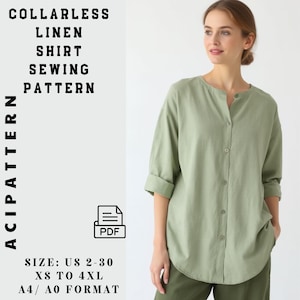 Könnte beinhalten: Ein Schnittmuster für ein kragenloses Leinenhemd. Das Schnittmuster umfasst die Größen 34-52, XS bis 4XL und ist im Format A4/A0 erhältlich. Das Schnittmuster wird auf einem Modell gezeigt, das ein grünes Leinenhemd trägt.