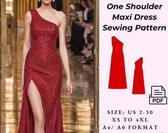 One-Shoulder Prom Dress Sewing Pattern - Fitted Maxi Evening Dress - Formal Cocktail Dress - Evening Gown, Ball Gown 2-30 A4 US A0