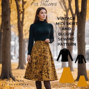 Patrón de costura de blusa y falda midi vintage, patrón de costura de blusa y falda midi vintage Cottagecore, patrón de blusa con botones en la espalda, tamaño A4-US LETTER-A0