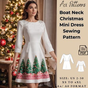 Weihnachten Mini Kleid, Frau Schnittmuster, Kleid Schnittmuster, Kleid mit U-Boot-Ausschnitt PDF Schnittmuster, Frau Schnittmuster, Weihnachten Kleid, Größe 8zu30