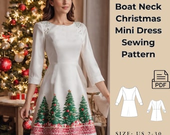 Kerstminijurk, naaipatroon mevrouw Claus-jurk, jurk met boothals pdf naaipatroon, naaipatroon vrouw, doe-het-zelf-kerstjurk, maat 2tot30
