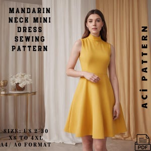 Puede incluir: Un patrón de costura para un vestido corto amarillo con cuello mandarín. El patrón incluye las tallas españolas 34 a 52, XS a 4XL, y está disponible en formato A4/A0. El patrón está disponible para descargar en PDF.