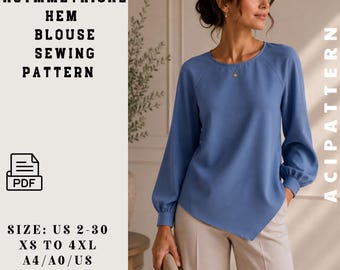 Asymmetrical Hem Blouse Sewing Pattern PDF-Raglan Sleeve Top Pattern-Bishop Sleeve Blouse, Elegant Women Top Pattern-Digital Sewing Pattern