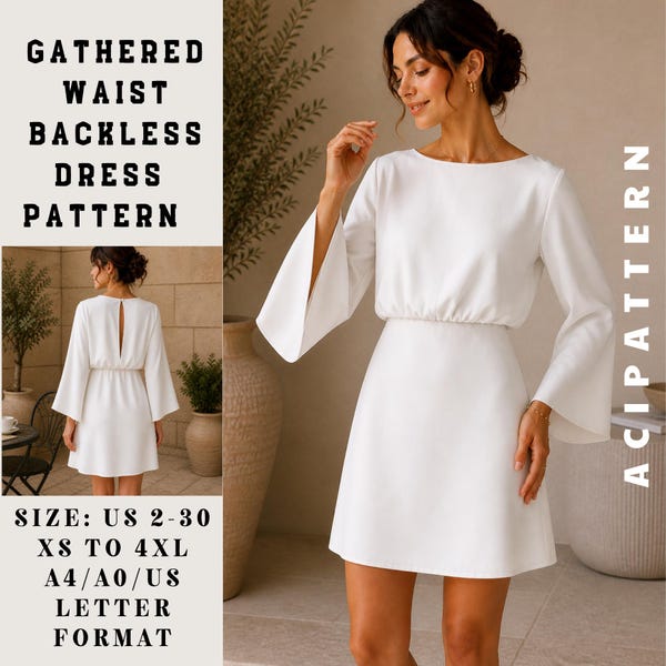 Mini Dress Sewing Pattern PDF, Gathered Waist Blouson Dress, Keyhole Back Dress, Bell Sleeve Dress Pattern PDF  Size 2 To 30