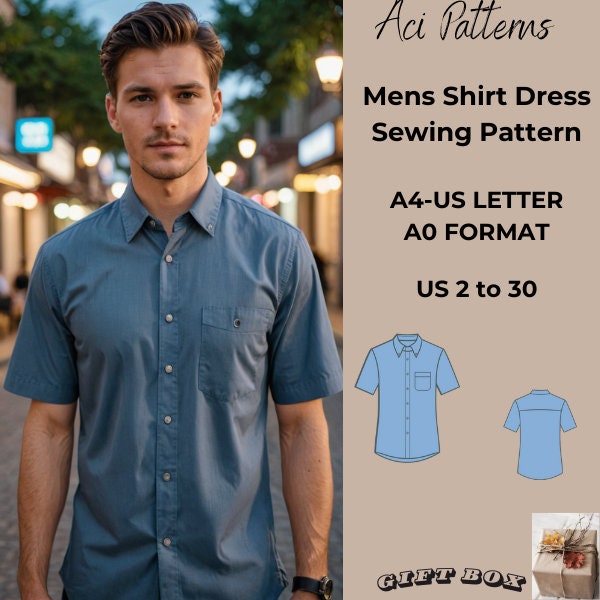 Mens Shirt Sewing Pattern, Mens Short Sleeve Shirt Pattern,size chart 36 to 56-A4-US LETTER-A0 Format