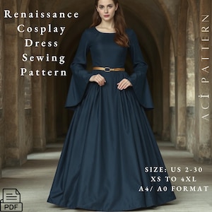 Renaissance Cosplay Pattern, Medieval Dress Sewing Pattern, Celtic Dress, Elven Dress, Fantasy Dress, Victorian Dress, 2 to 30-A4-A0 Format